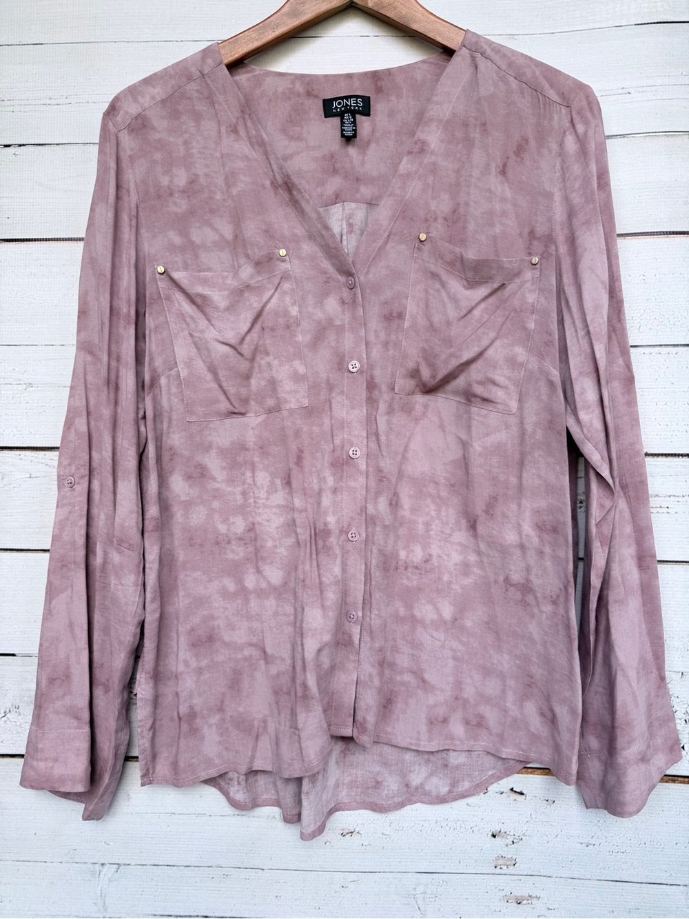 Jones New York Tie Dye Roll-Tab Utility Button Down Shirt - Large: